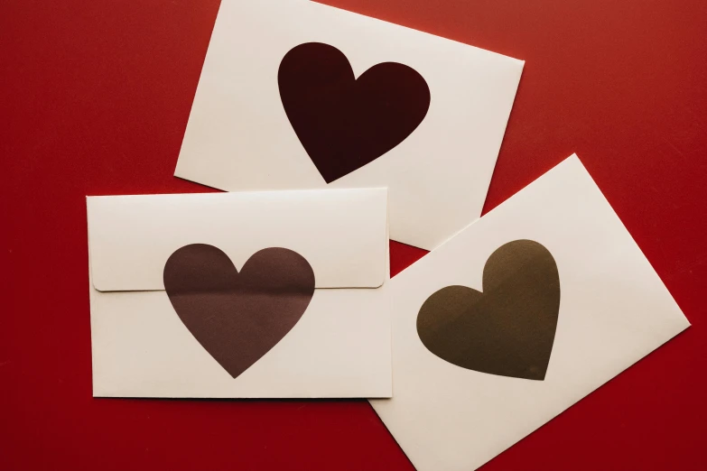 three envelopes with hearts cut out of them, by Julia Pishtar, private press, gradient maroon, greeting card, brown, monochrome