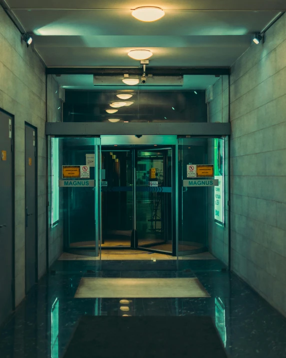 a couple of doors that are in a building, a hologram, inspired by Elsa Bleda, pexels contest winner, green floor, exit light, lo-fi, thumbnail