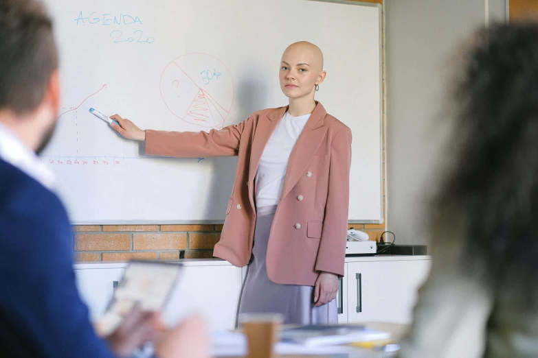 a woman giving a presentation to a group of people, by Emma Andijewska, pexels, academic art, portrait of bald, wearing a light - pink suit, whiteboards, modelling