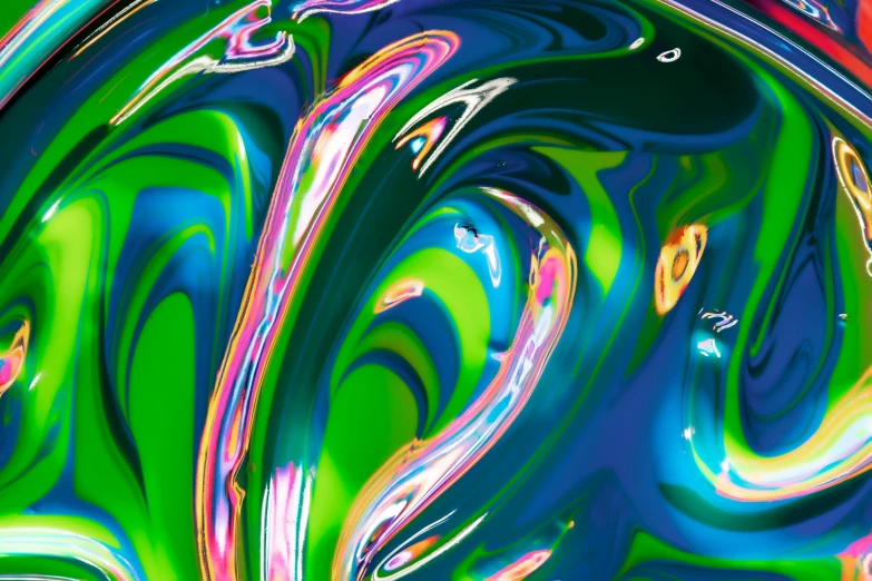 a close up of a colorful abstract painting, a digital painting, inspired by Otto Piene, flickr, bright green swirls coming up it, holographic plastic, light green and deep blue mood, boiling imagination in a bowl