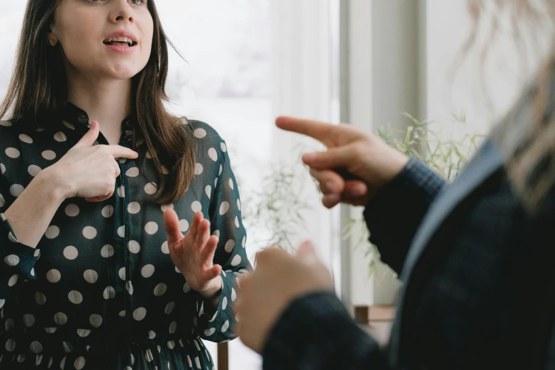 a woman in a polka dot dress talking to another woman, trending on pexels, pointing index finger, wearing a blouse, realistic », arguing