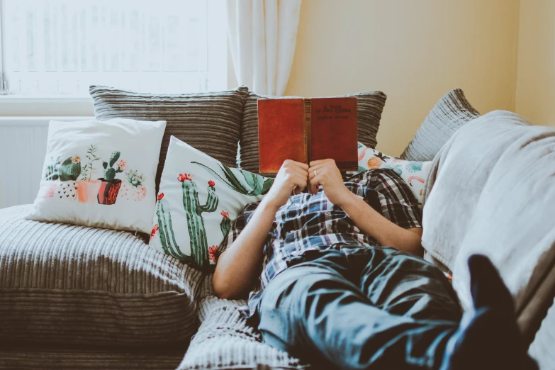 a man laying on a couch reading a book, pexels contest winner, avatar image, maintenance photo, teenager hangout spot, family photo