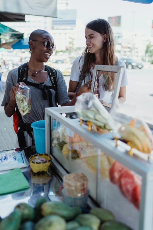 a group of people standing around a fruit stand, ice cream on the side, highly upvoted, essence, tourist