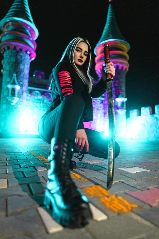 a woman with a sword in front of a castle, by Julia Pishtar, pexels contest winner, gothic art, hero pose colorful city lighting, cosplay on black harley queen, ava max, black haired girl wearing hoodie