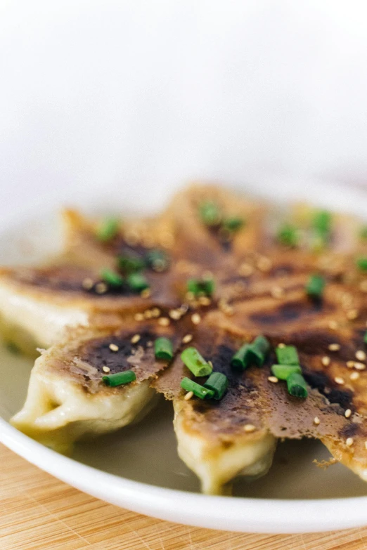 a close up of a plate of food on a table, inspired by Mi Fu, unsplash, mingei, dumplings on a plate, splattered tar, cheesy, translucent gills