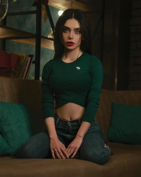 a woman sitting on top of a brown couch, inspired by Elsa Bleda, pexels contest winner, better known as amouranth, dark green, wearing tight shirt, ukrainian girl