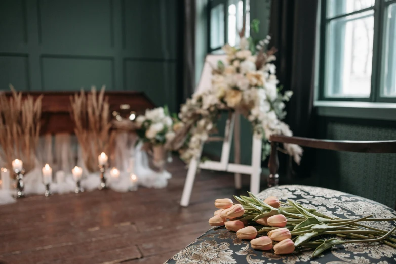 a bunch of tulips sitting on top of a table, by Emma Andijewska, rustic throne room, in romantic style, 15081959 21121991 01012000 4k, an elegant green