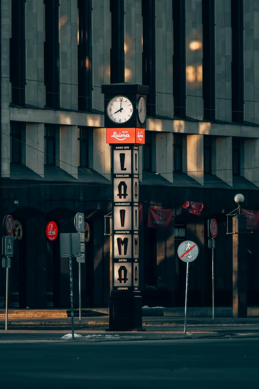 a clock tower sitting on the side of a road, poster art, by Tobias Stimmer, unsplash contest winner, berlin secession, old signs, late afternoon sun, soviet bus stop, post-processing. high detail