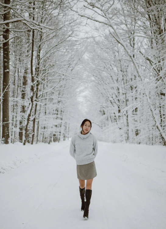 a woman standing in the middle of a snowy forest, an album cover, inspired by Kim Tschang Yeul, pexels contest winner, wearing casual sweater, light grey, in karuizawa, wearing jacket and skirt