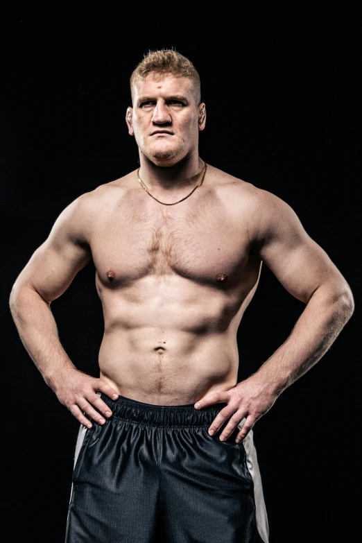 a shirtless man standing with his hands on his hips, an album cover, inspired by Sam Dillemans, brock lesnar, round-cropped, khabib, press shot