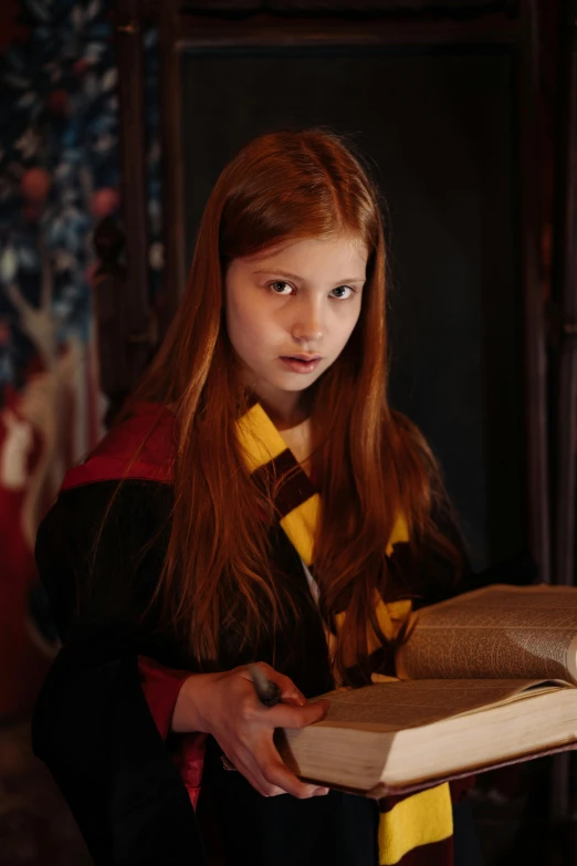 a girl is holding a book in her hands, inspired by Hermione Hammond, renaissance, wearing a velvet robe, film still from harry potter, amy pond, concentration