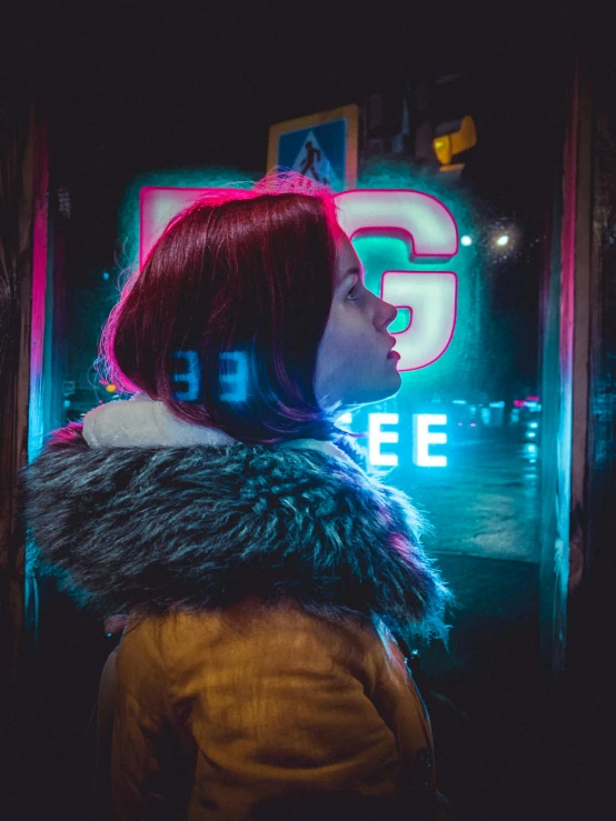 a woman standing in front of a neon sign, cyberpunk art, inspired by Elsa Bleda, pexels contest winner, red haired girl, profile image, beeple and greg rutkowski, color picture