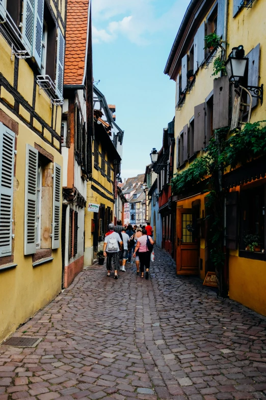 a group of people walking down a cobblestone street, by Raphaël Collin, pexels contest winner, renaissance, french village interior, red - yellow - blue building, cottages, summer day