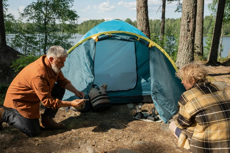 a man and a woman setting up a tent, by Eero Järnefelt, pexels contest winner, hurufiyya, avatar image, exterior shot, old man, youtube thumbnail