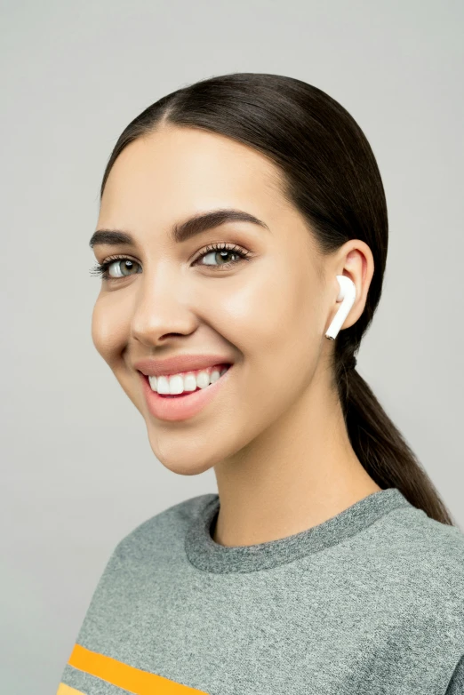 a woman brushing her teeth with an electric toothbrush, a digital rendering, trending on pexels, renaissance, earbuds jewelry, madison beer girl portrait, headshot profile picture, with apple