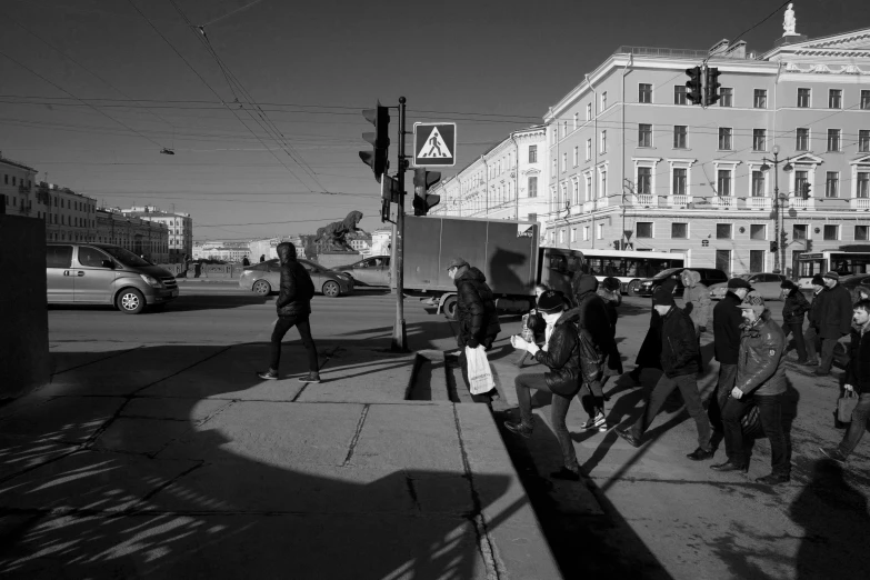 a black and white photo of people crossing the street, by Sven Erixson, russian city, afternoon sunshine, square, boring