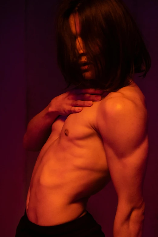 a shirtless man standing in front of a purple background, an album cover, unsplash, conceptual art, nishihara isao, bisexual lighting, abdominal muscles, club photography