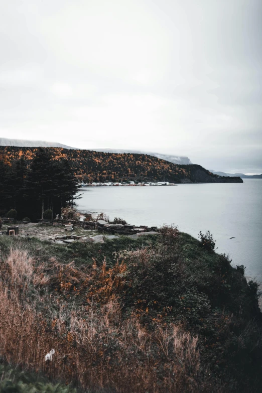 a car parked on the side of a road next to a body of water, inspired by Elsa Bleda, unsplash, romanticism, panorama view, coastal cliffs, muted fall colors, overcast