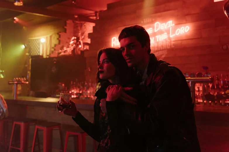 a man and a woman standing in front of a bar, arcane from netflix, filmstill, morgana, city hunter