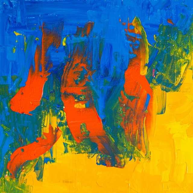 a painting of a group of people on a beach, by John Hoyland, trending on pixabay, abstract expressionism, strong blue and orange colors, on a yellow canva, thick impasto, 144x144 canvas