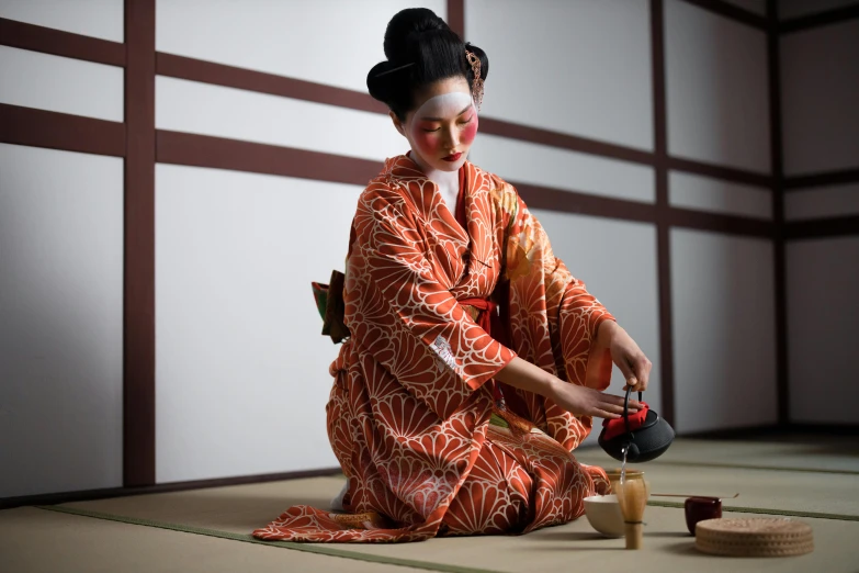 a woman in a kimono sitting on the floor, inspired by Sawa Sekkyō, trending on unsplash, drinking tea, square, performing, ethnicity : japanese