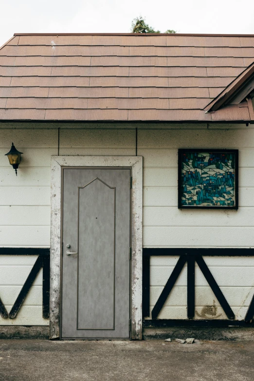 a small white building with a brown roof, a painting, by Attila Meszlenyi, unsplash, wood door, grey, chalet, square