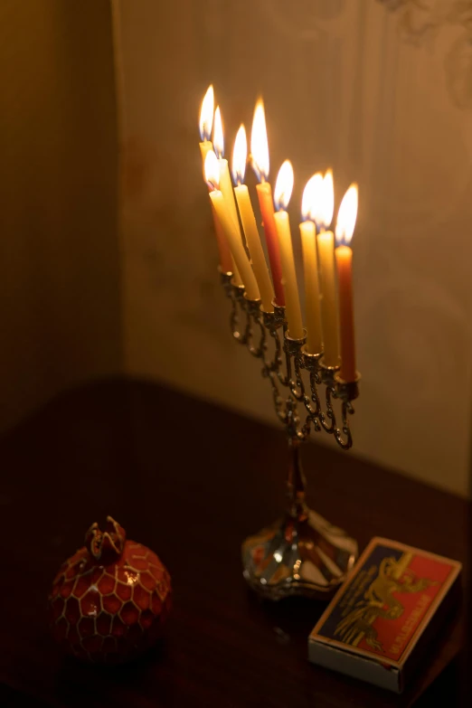 a group of lit candles sitting on top of a table, by Emanuel Witz, sukkot, shot on sony a 7, ornament, led