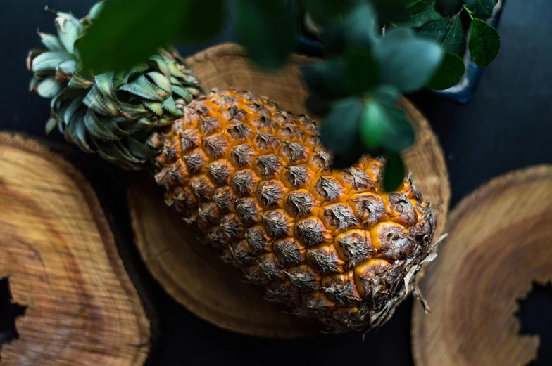 a pineapple sitting on top of a wooden plate, unsplash, 🦩🪐🐞👩🏻🦳, close up of iwakura lain, exterior shot, recipe