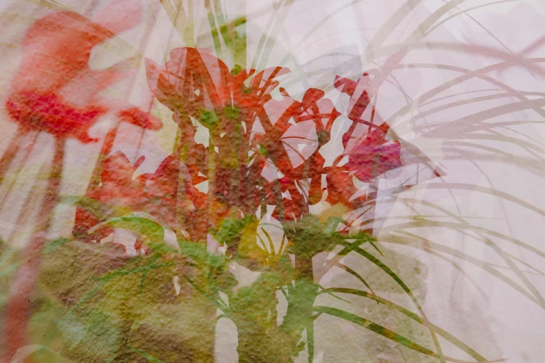 a painting of flowers in a vase on a table, a digital painting, inspired by Stanley Spencer, lyrical abstraction, double-exposure, green and red plants, close-up print of fractured, zoomed out to show entire image