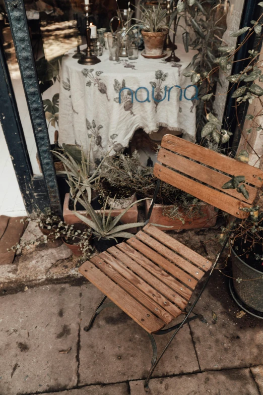 a wooden chair sitting next to a potted plant, by Nándor Katona, shop front, historic moment, vintage vibe, ground