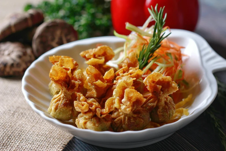 a close up of a bowl of food on a table, inspired by Affandi, pixabay, very crispy, square, ruffles, lianas