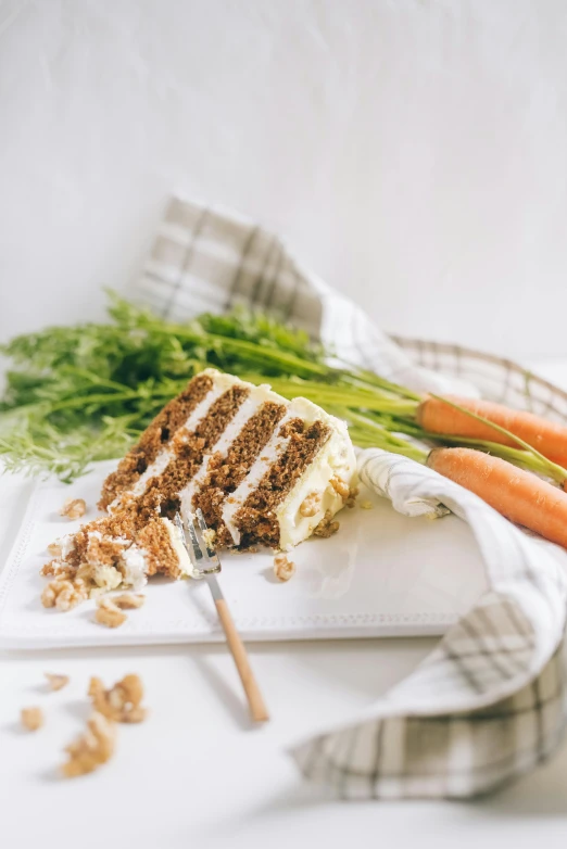 a piece of carrot cake sitting on top of a white plate, unsplash, renaissance, square, green, bright natural light, harvest