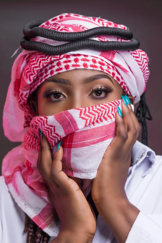a woman in a headscarf talking on a cell phone, an album cover, inspired by Ras Akyem, trending on pexels, hat covering eyes, white and pink cloth, headshot profile picture, wrapped arms