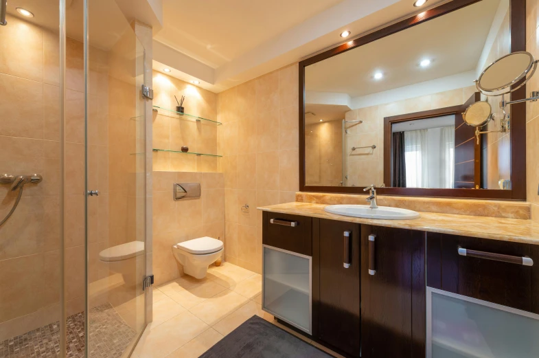 a bathroom with a walk in shower next to a toilet, renaissance, marbella, exclusive, thumbnail, unbeatable quality