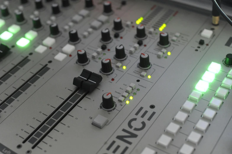 a close up of a sound board with green lights, behance, renaissance, on grey background, silver white red details, demo scene, trance