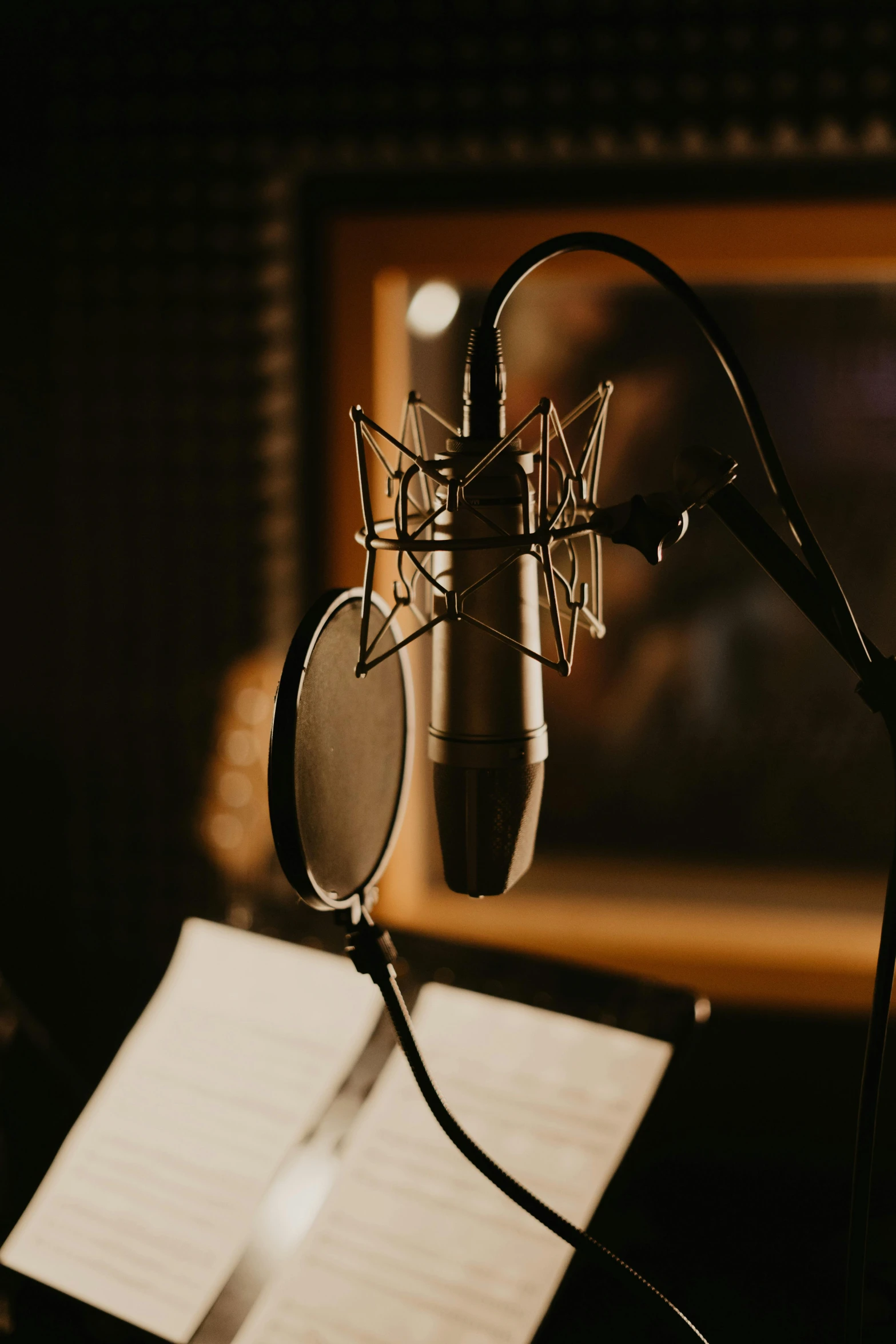 a microphone and sheet music in a recording studio, an album cover, pexels, cinematic footage, headshot, epk, ears