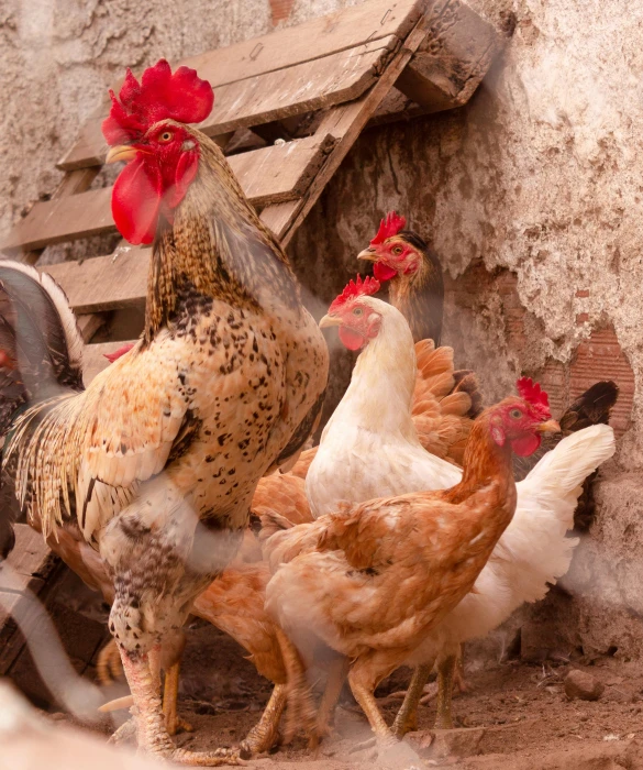 a group of chickens standing next to each other, by Gwen Barnard, shutterstock contest winner, renaissance, inside a farm barn, madagascar, profile image, demur