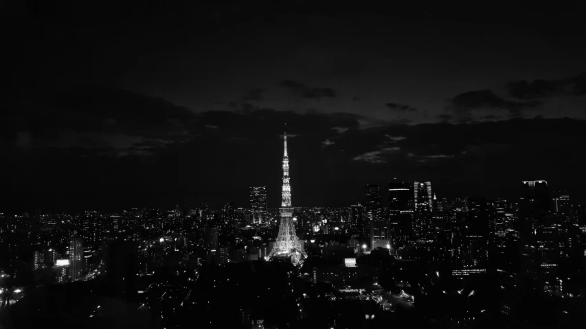 a black and white photo of a city at night, a black and white photo, unsplash contest winner, sōsaku hanga, towering over your view, instagram post, black and white color only, tower