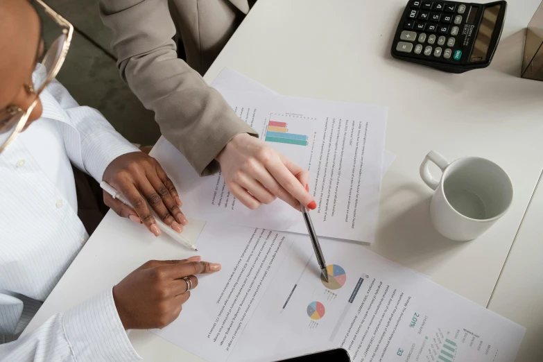 a couple of people that are sitting at a table, pexels contest winner, analytical art, graphs, business meeting, brown and white color scheme, selling insurance