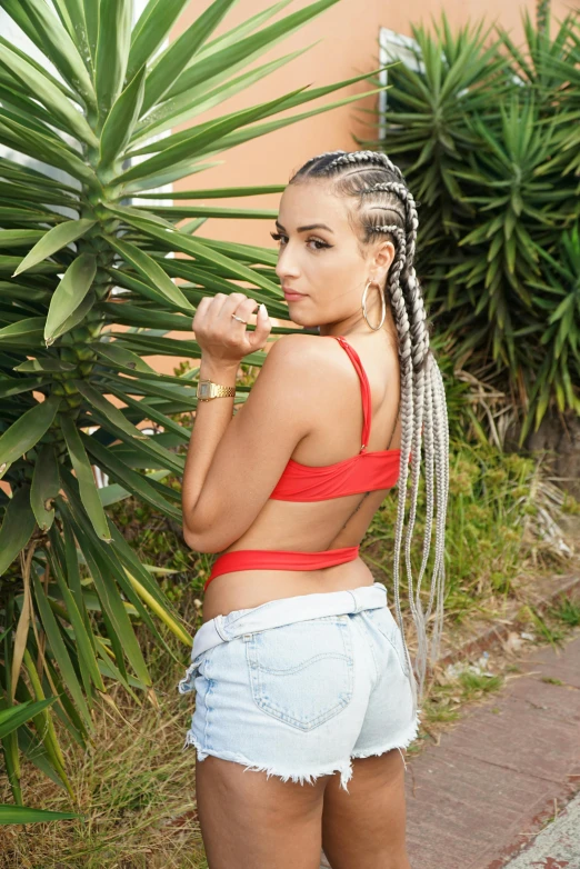 a woman standing in front of a palm tree, an album cover, inspired by Esaias Boursse, trending on pexels, rasquache, cornrows braids, wearing a sexy cropped top, silver hair (ponytail), bright red