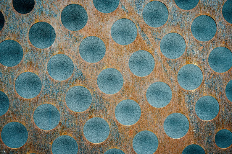 a close up of a metal surface with circles, inspired by Max Ernst, blue, wooden, dust, stylized material bssrdf