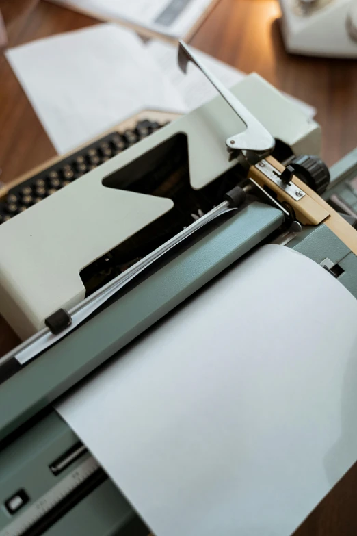 a close up of a person using a typewriter, an album cover, by Carey Morris, unsplash, wood and paper, replica model, plotter, overview