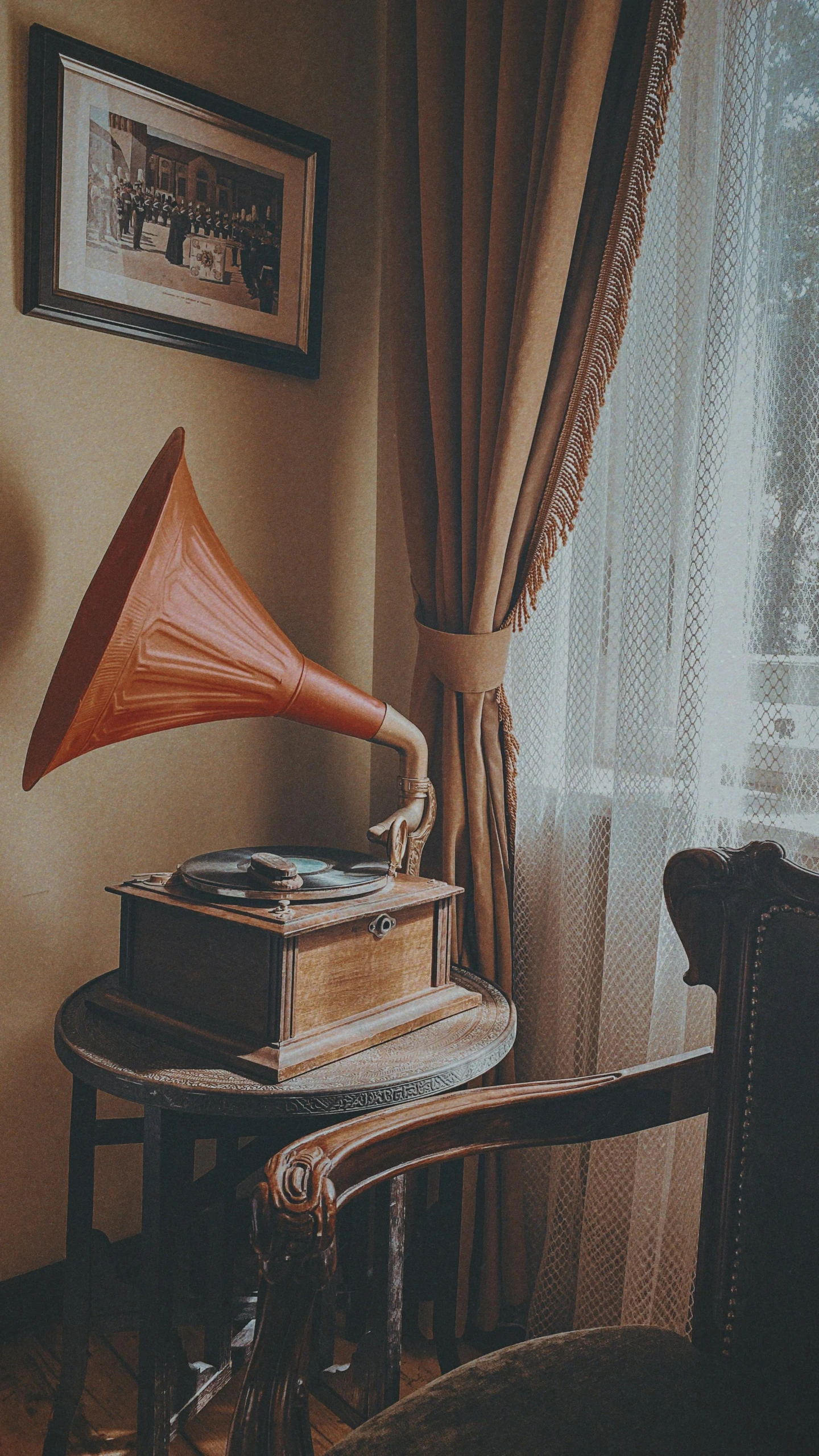 a record player sitting on top of a table next to a window, by Romain brook, pexels contest winner, art nouveau, sousaphone, 15081959 21121991 01012000 4k, brown, victorian room