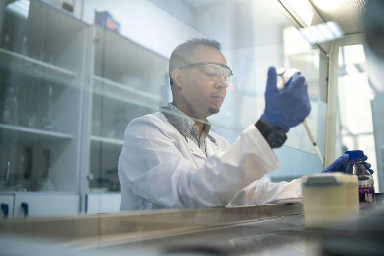 a close up of a person in a lab, by Jeffrey Smith, profile image, action shot, caucasian, firm