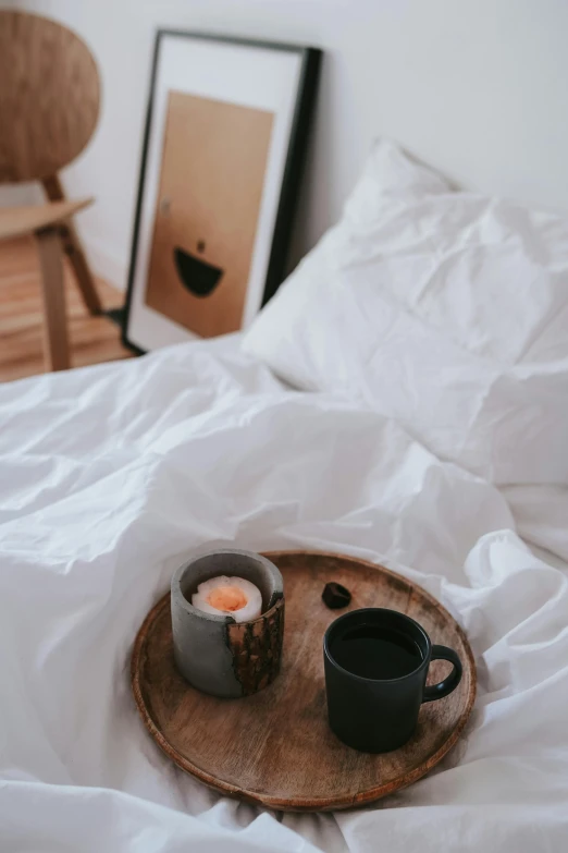 two cups of coffee on a tray on a bed, pexels contest winner, serene bedroom setting, bedhead, small, cold