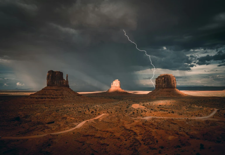 a lightning bolt hitting through the sky over a desert landscape, by Sebastian Spreng, unsplash contest winner, style of monument valley, background image, gloomy cinematic lighting, canyon background