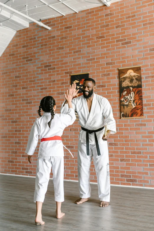 a couple of people that are standing in a room, inspired by Ma Quan, happening, karate pose, brown, hands up, featured