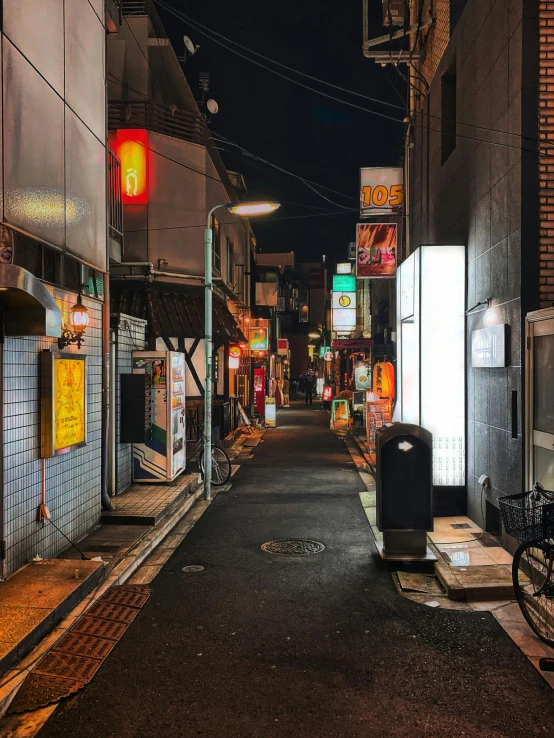 an empty street is lit up at night, pexels contest winner, ukiyo-e, 2 0 2 2 photo, snapchat photo, hyper detailed photo, shady alleys
