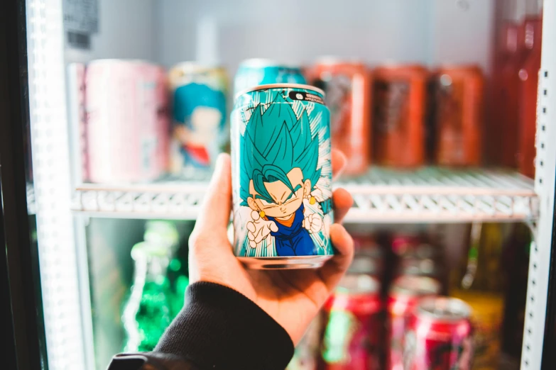 a person holding a can of beer in front of a refrigerator, unsplash, process art, super saiyan blue, akira toriyama 📹, japanese akihabara cafe, dragon ball style