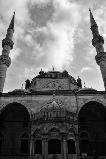 a black and white photo of a mosque, by Ismail Acar, 2 5 6 x 2 5 6, **cinematic, blue and grey, 256x256